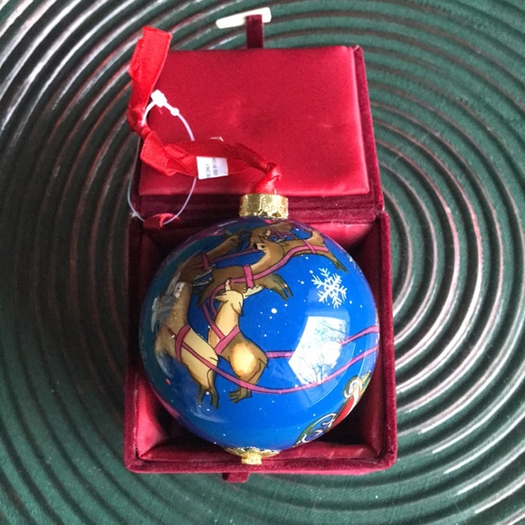 Christmas Glass Ornament Happy Holidays Velour Box NWT Santa’s Sleigh + Reindeer - Picture 2 of 8